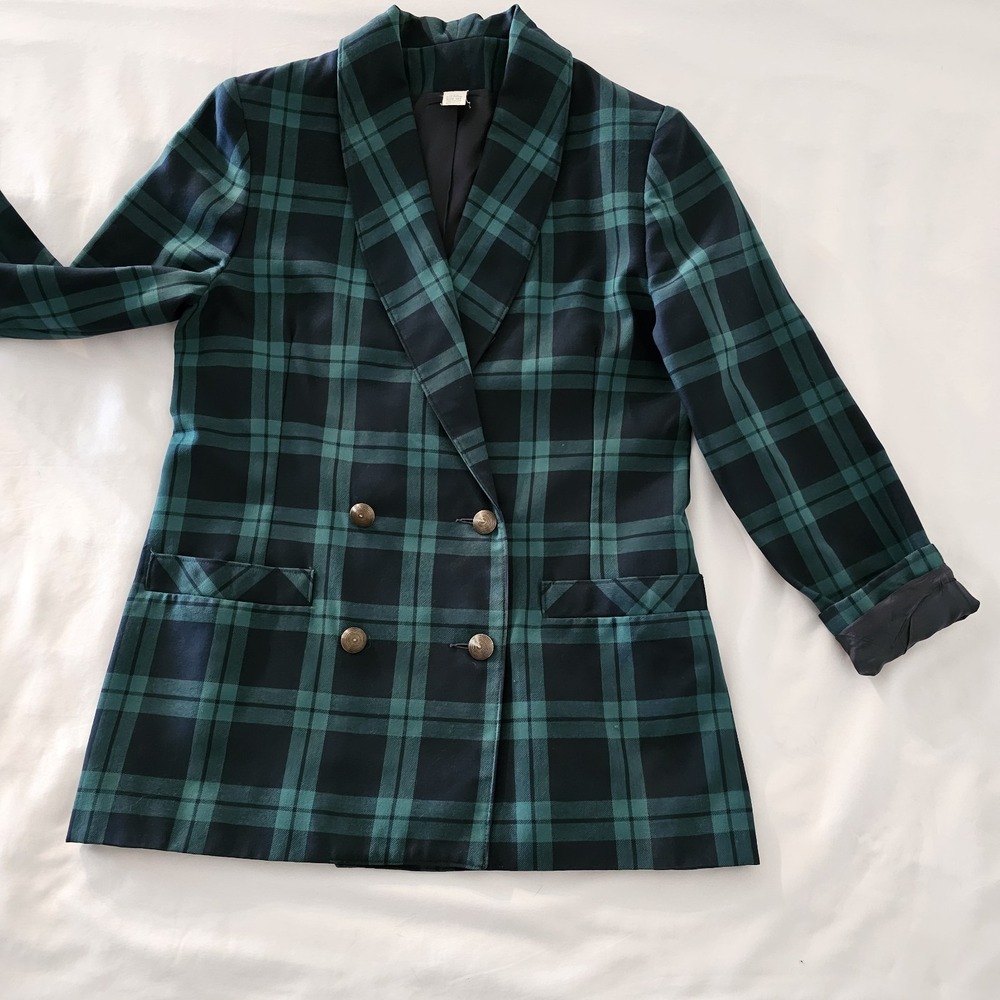 VTG‎ 80s Plaid Blazer Womens 10 T Green Black Tartan Check Preppy Jacket